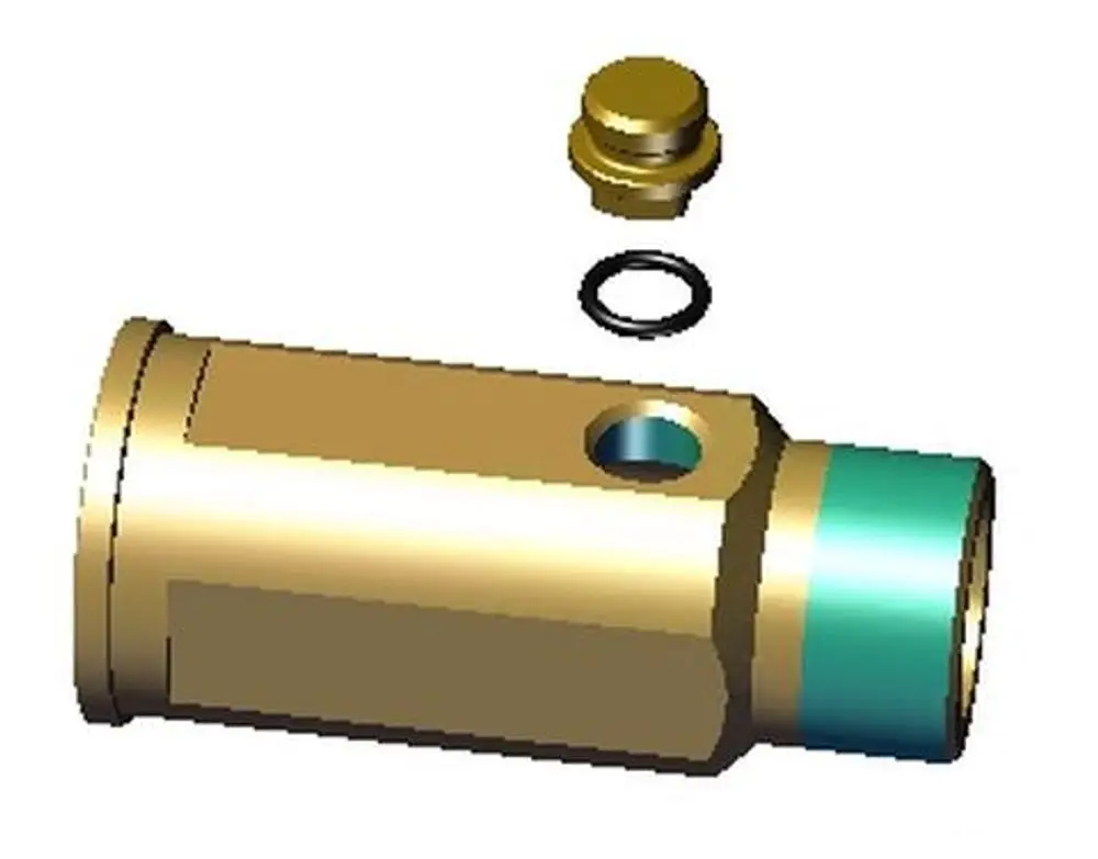 Ein goldenes Einlegeteil mit einer Öffnung und einem O-Ring, Teil von Grünbeck, das möglicherweise für eine Verbindung in einem Wassersystem verwendet wird.